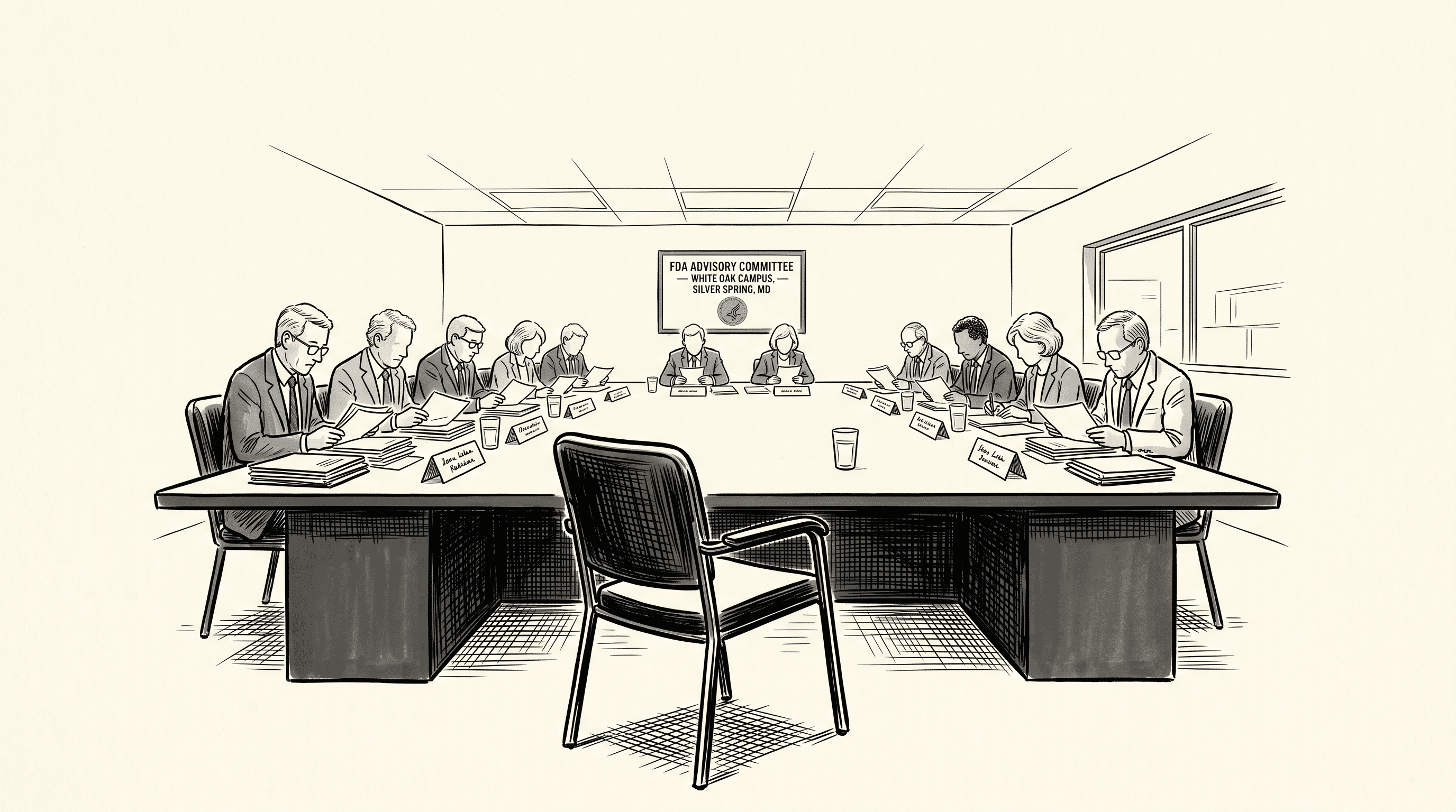An FDA advisory committee hearing room: a long table with committee members seated on the far side, documents stacked before them, and a single empty chair pulled slightly back in the foreground — the absent voice in the room.